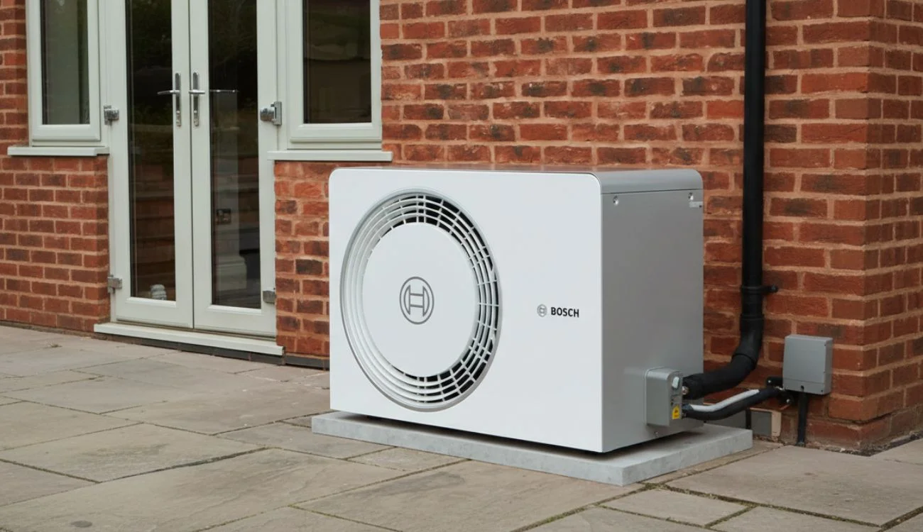Family in their garden with a heat pump beside the house
